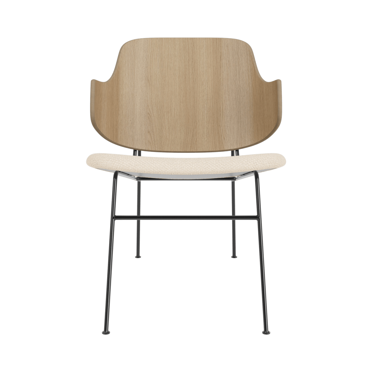 Front view of The Penguin Lounge Chair with a natural oak back and jasmine upholstered seat on a black steel frame.