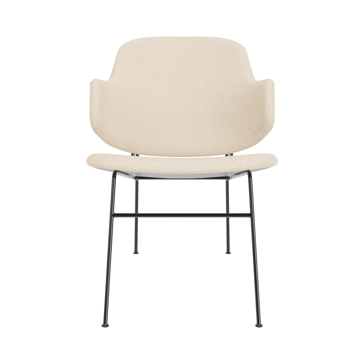 Front view of The Penguin Lounge Chair, Fully Upholstered in Logan Jasmine fabric with a black powder-coated steel frame.