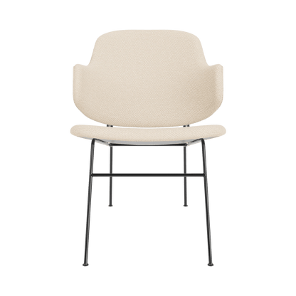 Front view of The Penguin Lounge Chair, Fully Upholstered in Logan Jasmine fabric with a black powder-coated steel frame.