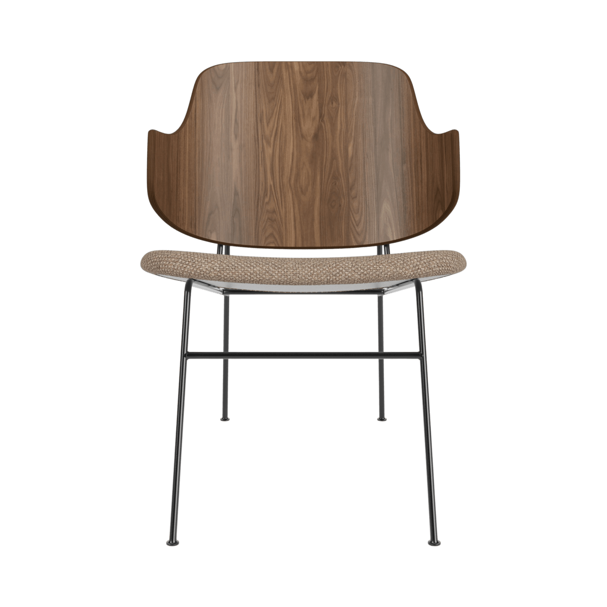 Front view of The Penguin Lounge Chair featuring a curved walnut back and a textured Logan Flint upholstered seat.