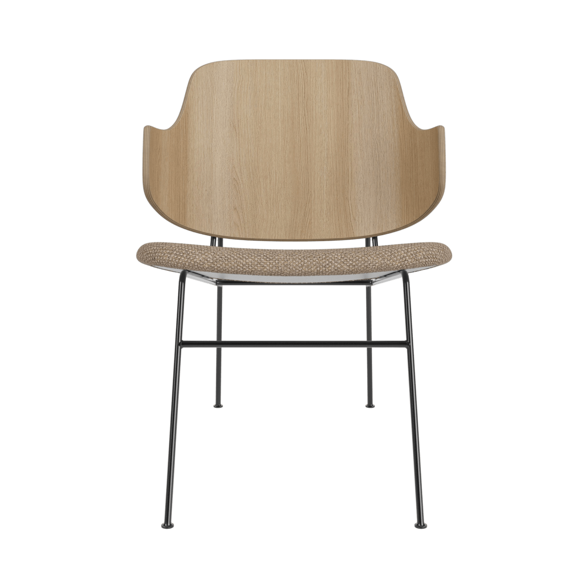 The Penguin Lounge Chair with a natural oak back and Logan Flint upholstered seat on a black steel frame.