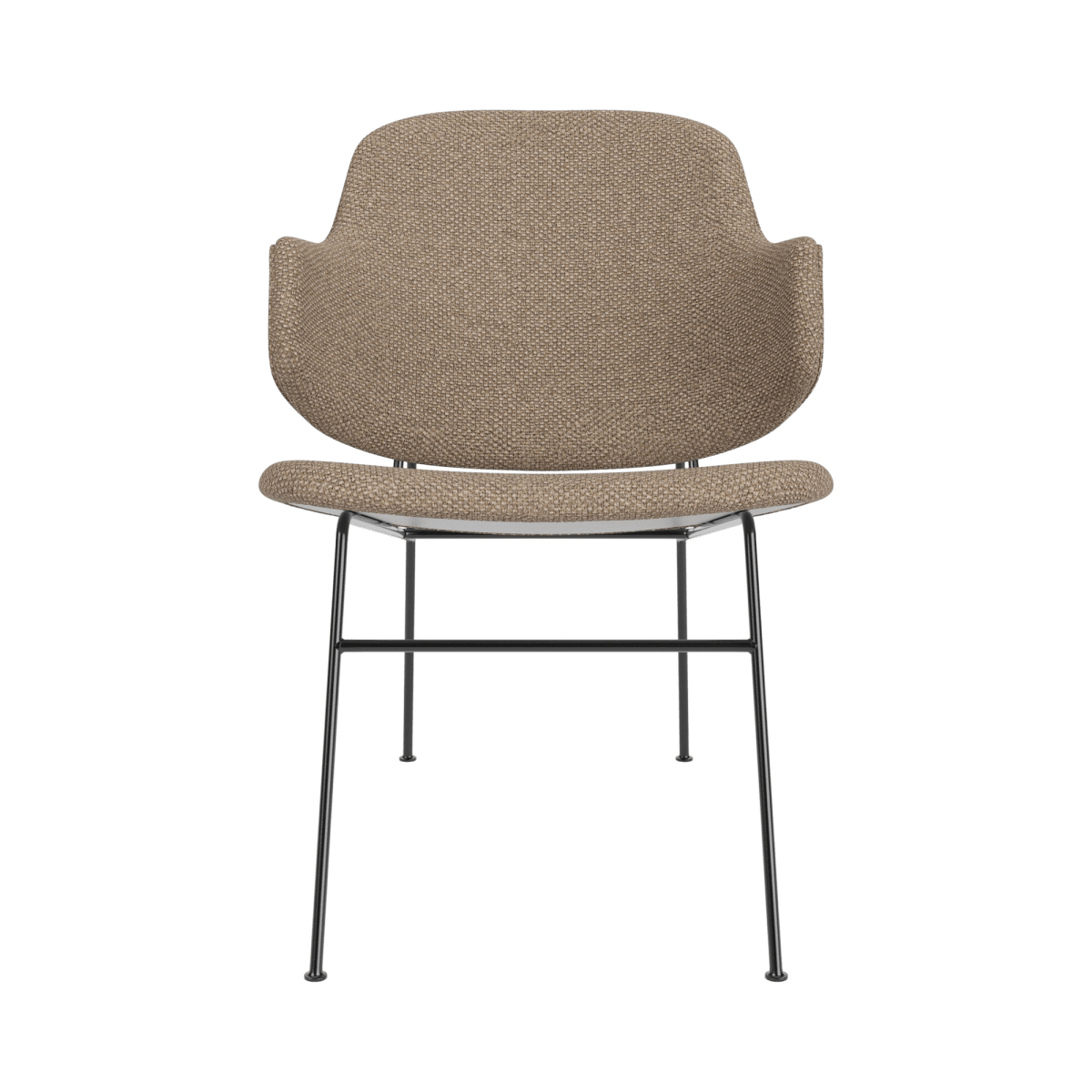 Front view of the fully upholstered Penguin Lounge Chair in Logan Flint fabric with a minimalist black steel frame.