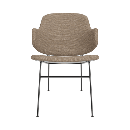 Front view of the fully upholstered Penguin Lounge Chair in Logan Flint fabric with a minimalist black steel frame.