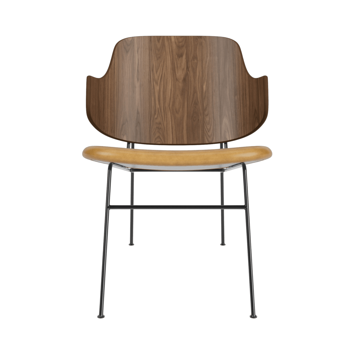 Front view of The Penguin Lounge Chair featuring a walnut veneer back and tan leather upholstered seat on black steel legs.