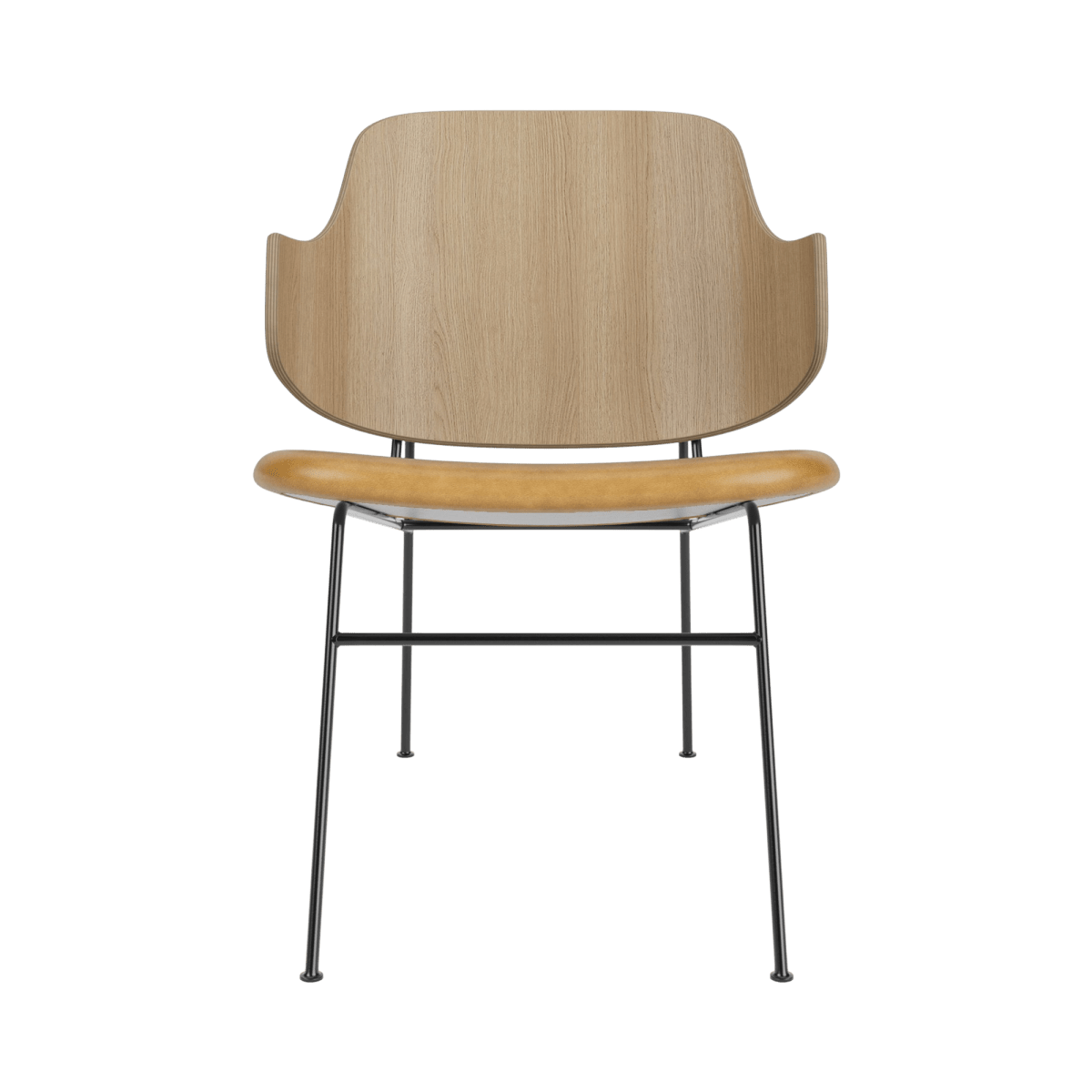 The Penguin Lounge Chair in a front view, with a curved oak back, tan leather upholstered seat, and black steel legs.