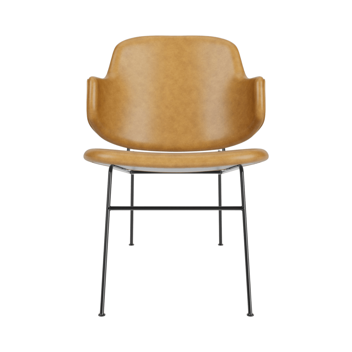 Front view of The Penguin Lounge Chair, Fully Upholstered in cognac leather with a black powder coated steel frame.