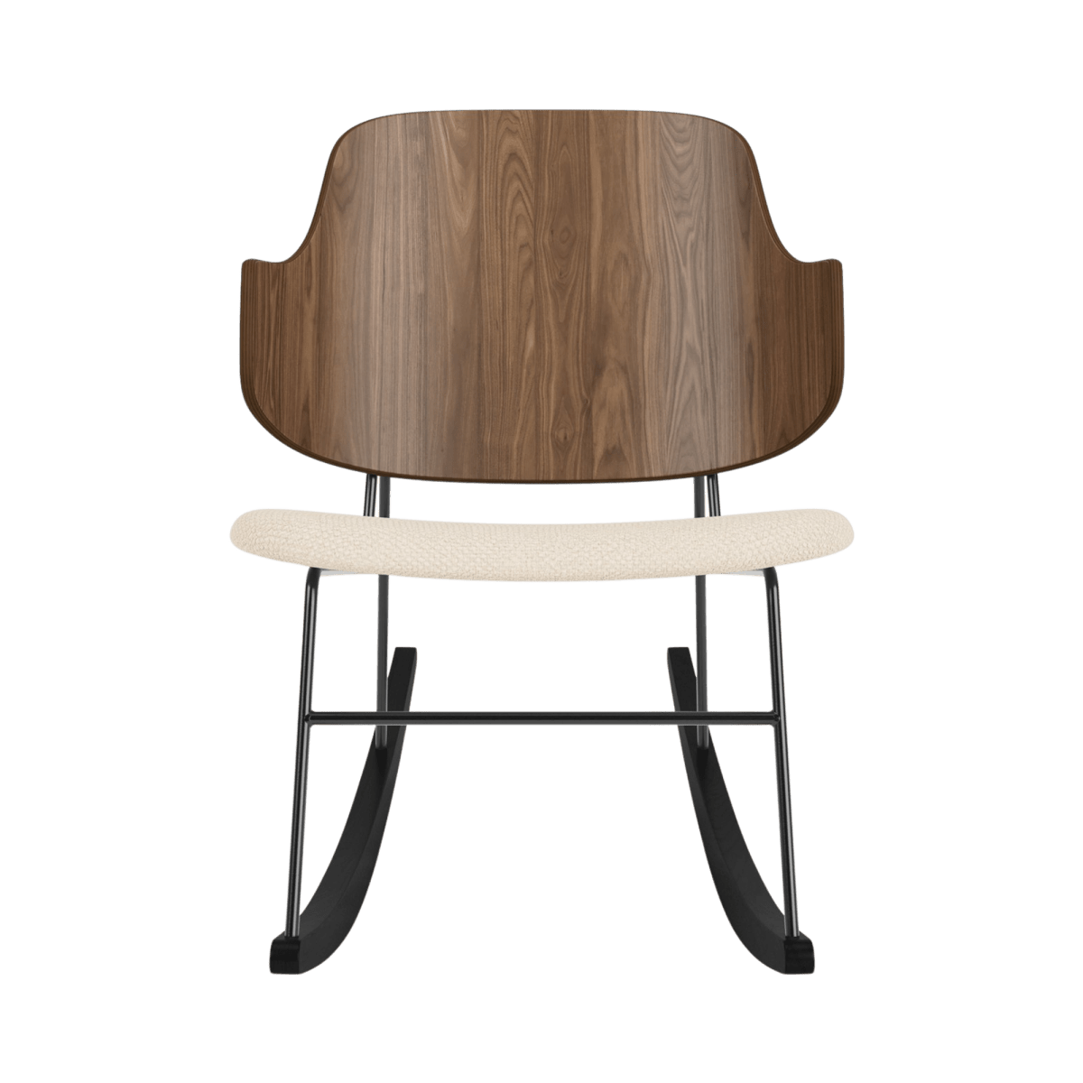 Front view of The Penguin Rocking Chair with a walnut veneer back, cream upholstered seat, and black steel frame.