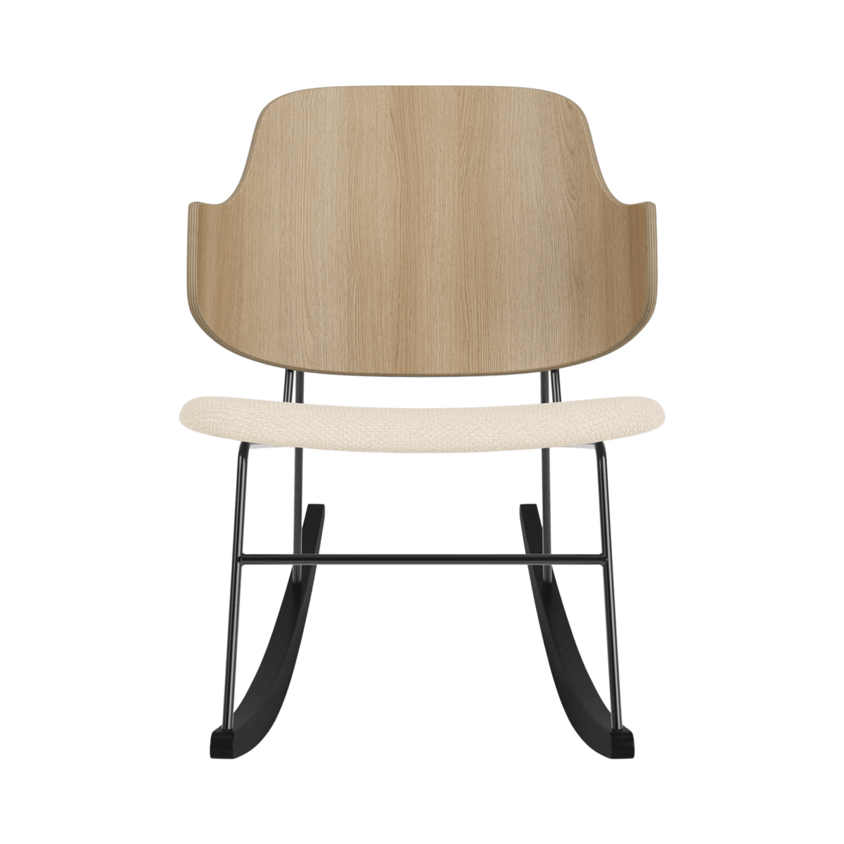 The Penguin Rocking Chair featuring a natural oak back and cream Jasmin upholstery on a black steel frame.