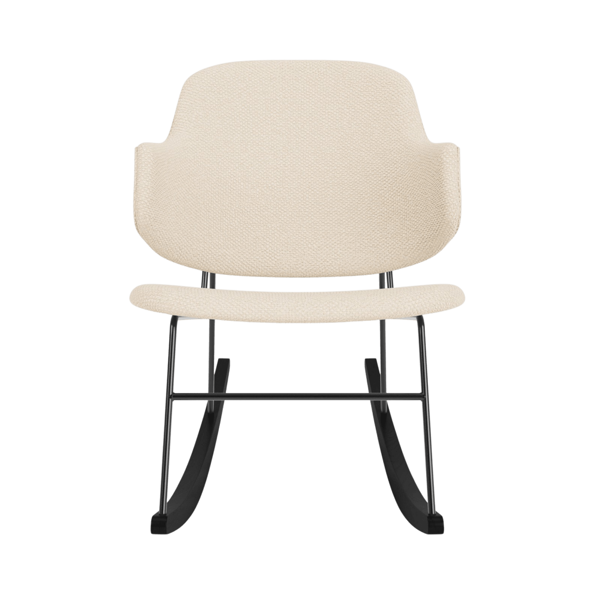 Front view of The Penguin Rocking Chair, Fully Upholstered in Logan Jasmine fabric with a black steel frame and rockers.