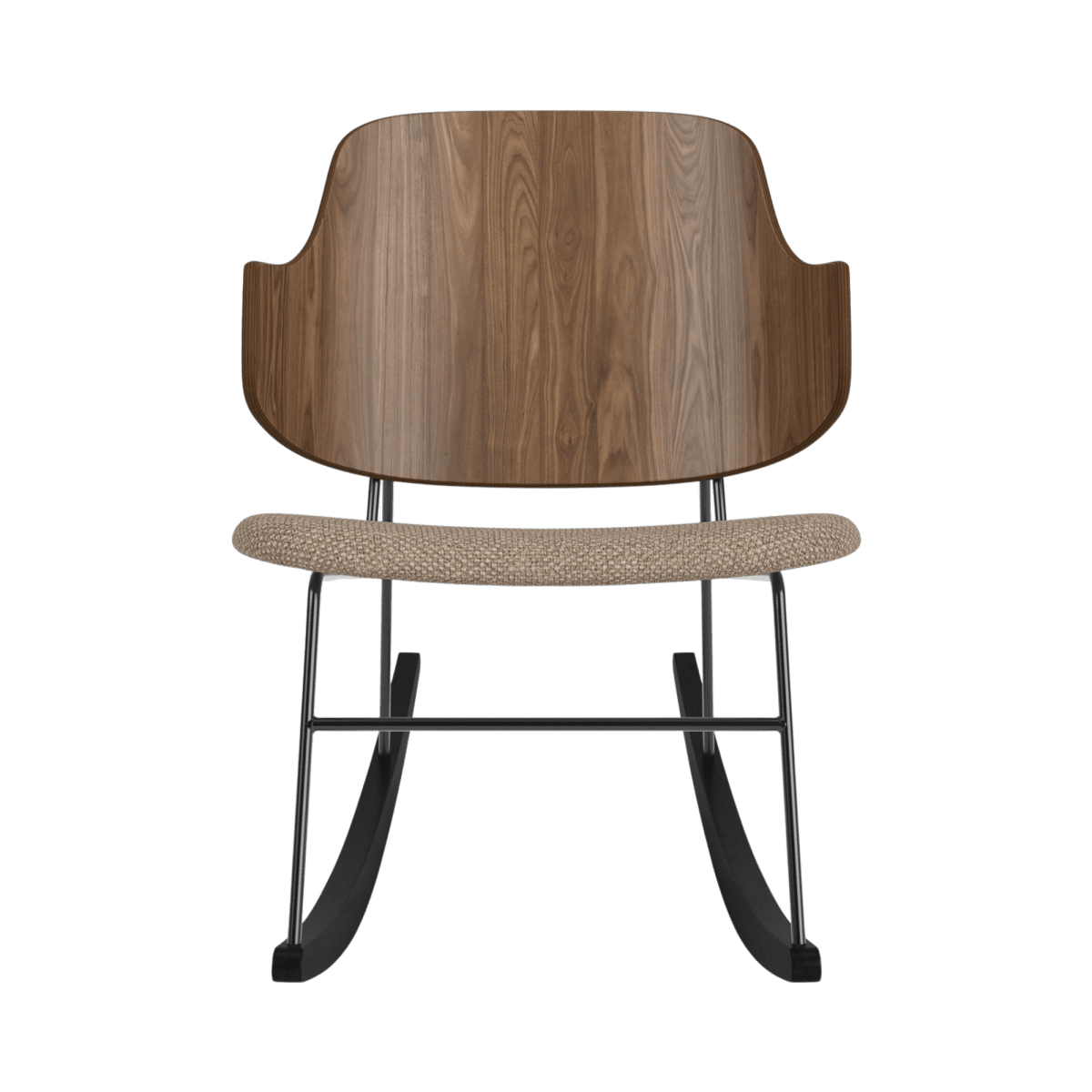 Front view of The Penguin Rocking Chair with a walnut veneer back, Logan Flint upholstered seat and a black steel frame.