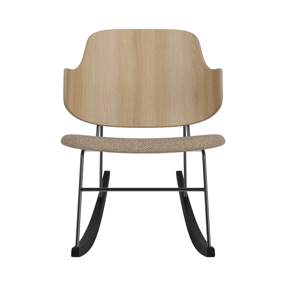 Front view of The Penguin Rocking Chair with a natural oak wood back and a neutral Logan Flint upholstered seat.