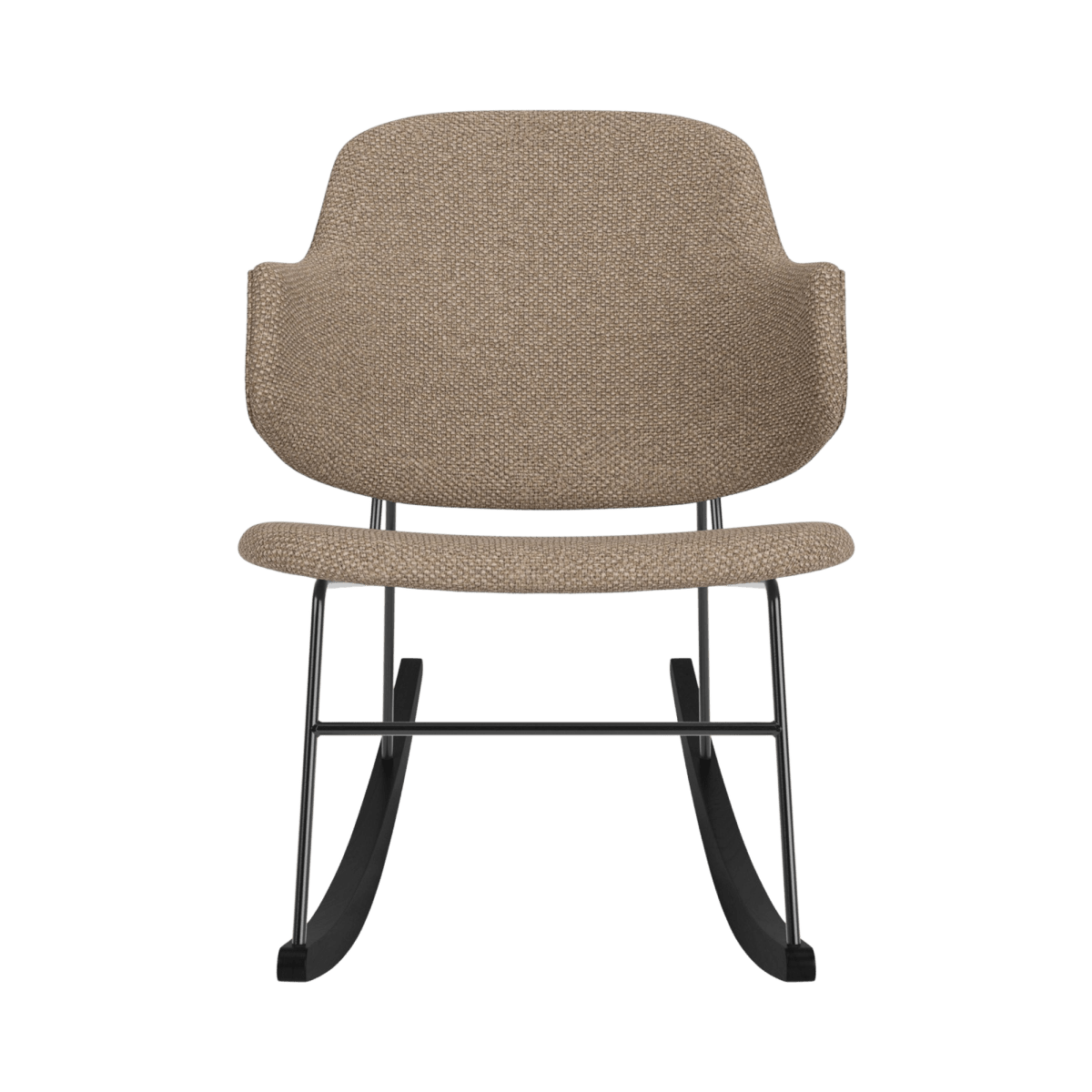 The Penguin Rocking Chair, Fully Upholstered in Logan Flint fabric with a black steel frame and rockers, front view.