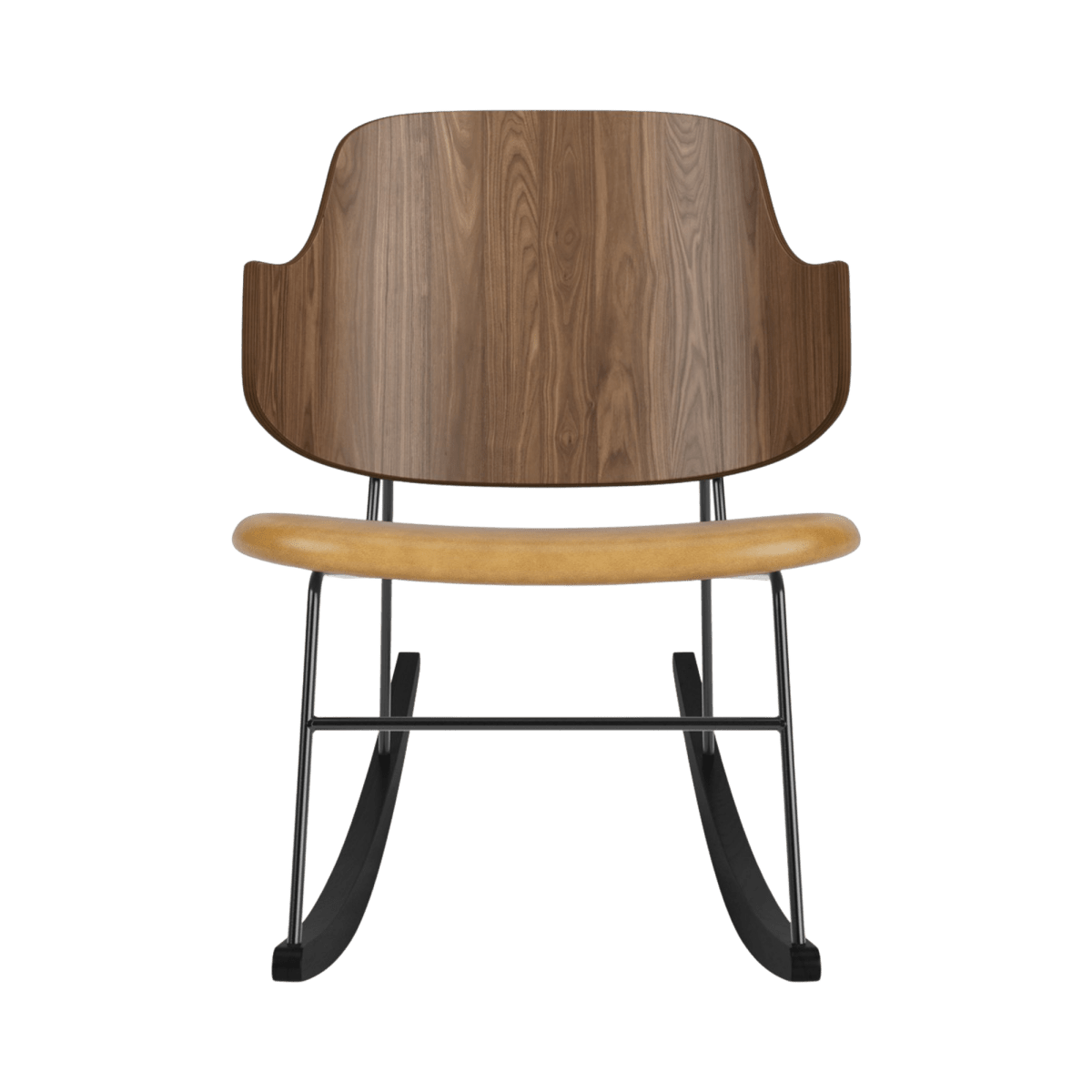 Front view of The Penguin Rocking Chair with a curved walnut back, tan leather upholstered seat, and black steel frame.