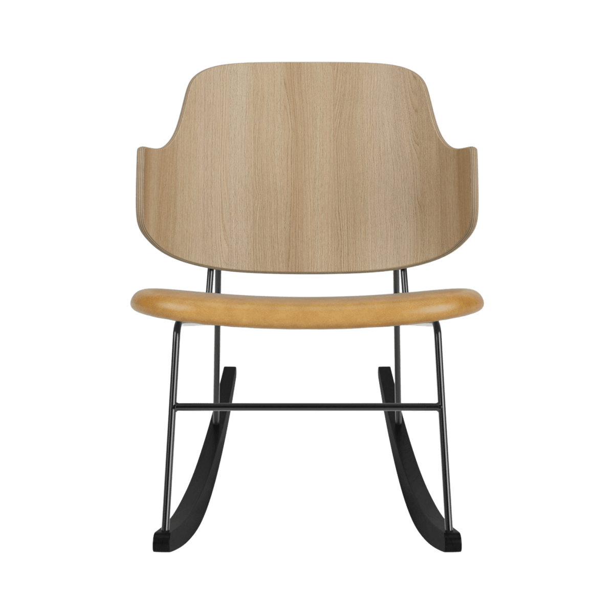 The Penguin Rocking Chair seen from the front, with a natural oak veneer back and tan leather seat on a black steel frame.