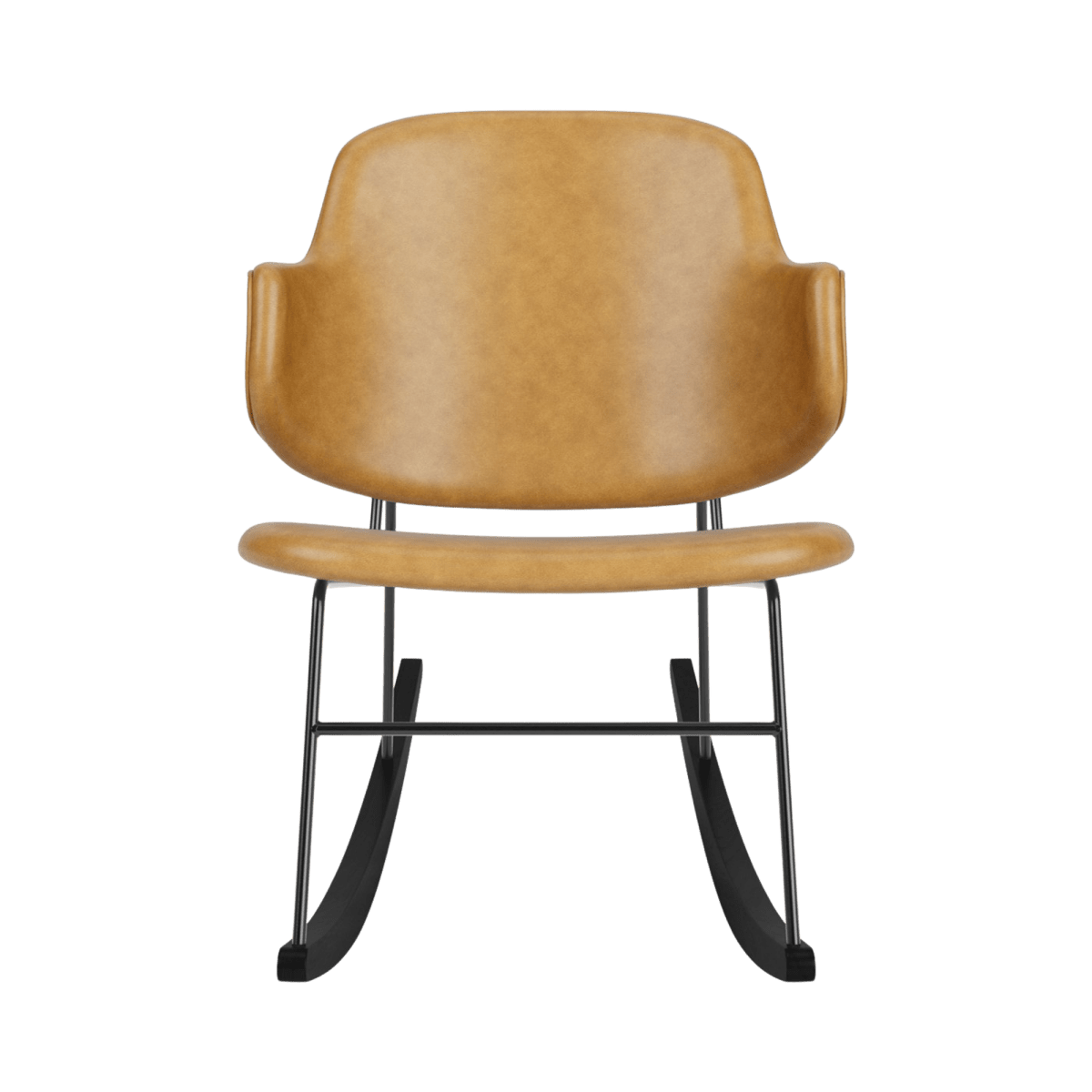 Front view of The Penguin Rocking Chair, fully upholstered in tan leather with a black steel frame and curved rockers.