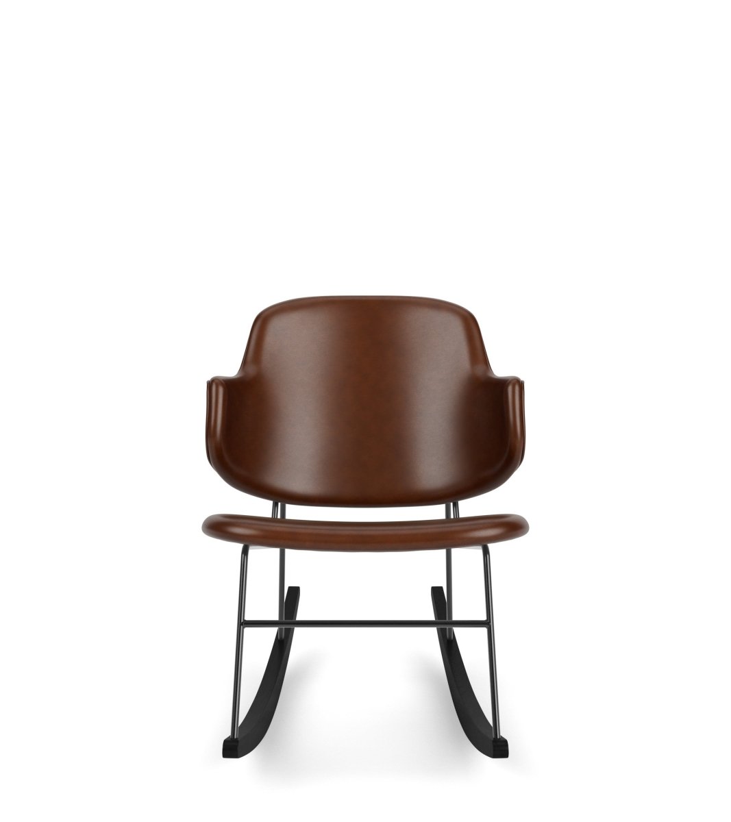 Front view of The Penguin Rocking Chair, fully upholstered in brown leather with a sleek black steel frame and rockers.