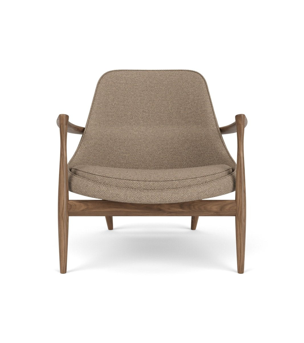 Front view of the Elizabeth Lounge Chair in walnut with Logan Flint upholstery against a white background.