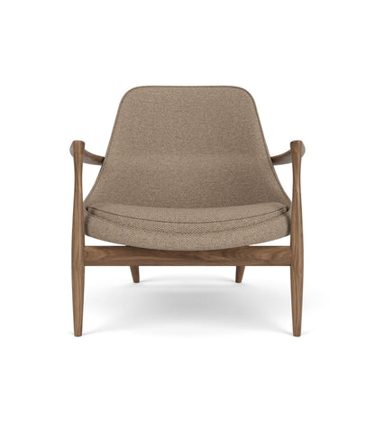 Front view of the Elizabeth Lounge Chair in walnut with Logan Flint upholstery against a white background.