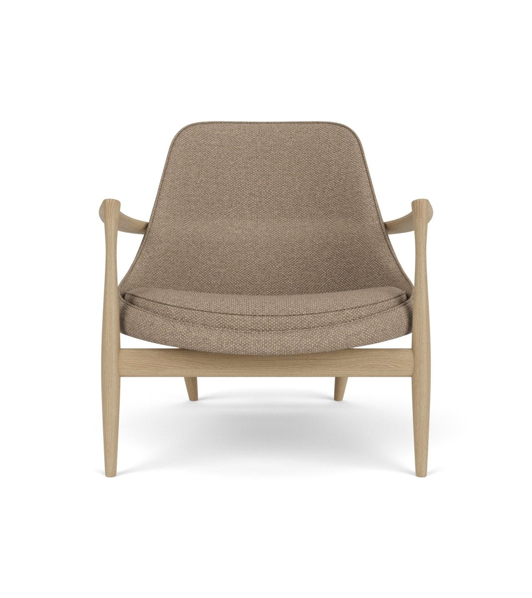 Front view of the Elizabeth Lounge Chair in natural oak with Logan Flint upholstery and sculpted armrests.