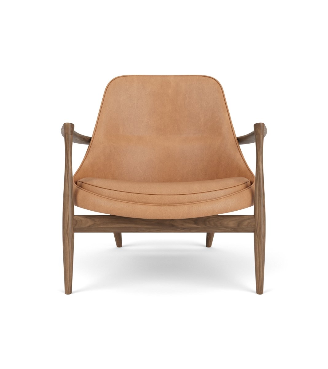 Elizabeth Lounge Chair in oiled walnut with camel leather upholstery, viewed from the front against a white background.