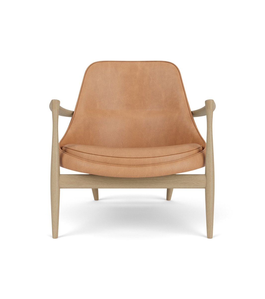 Front view of the Elizabeth Lounge Chair in natural oak with camel dunes leather upholstery against a white background.