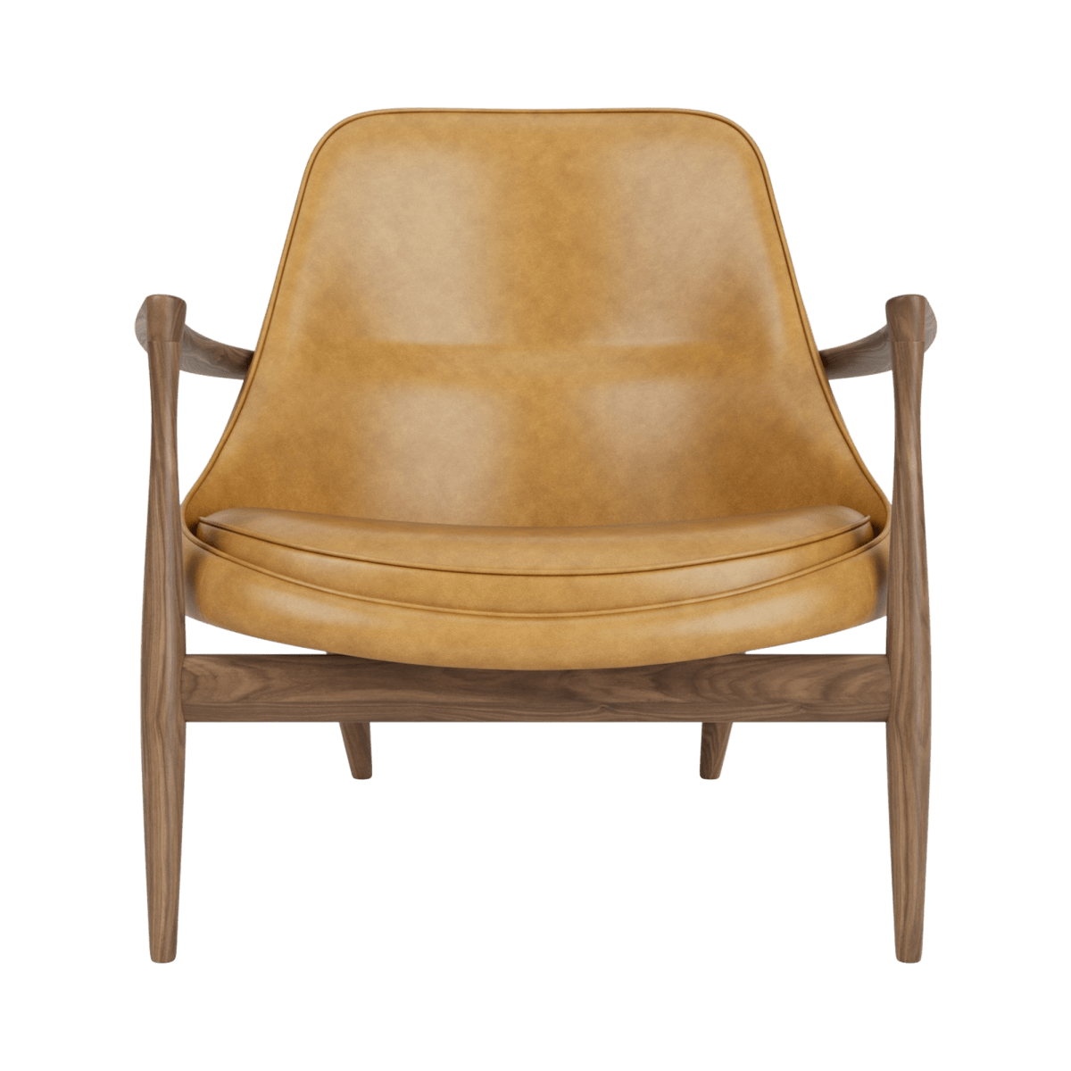 Front view of the Elizabeth Lounge Chair with sculpted wooden armrests and brown leather upholstery.