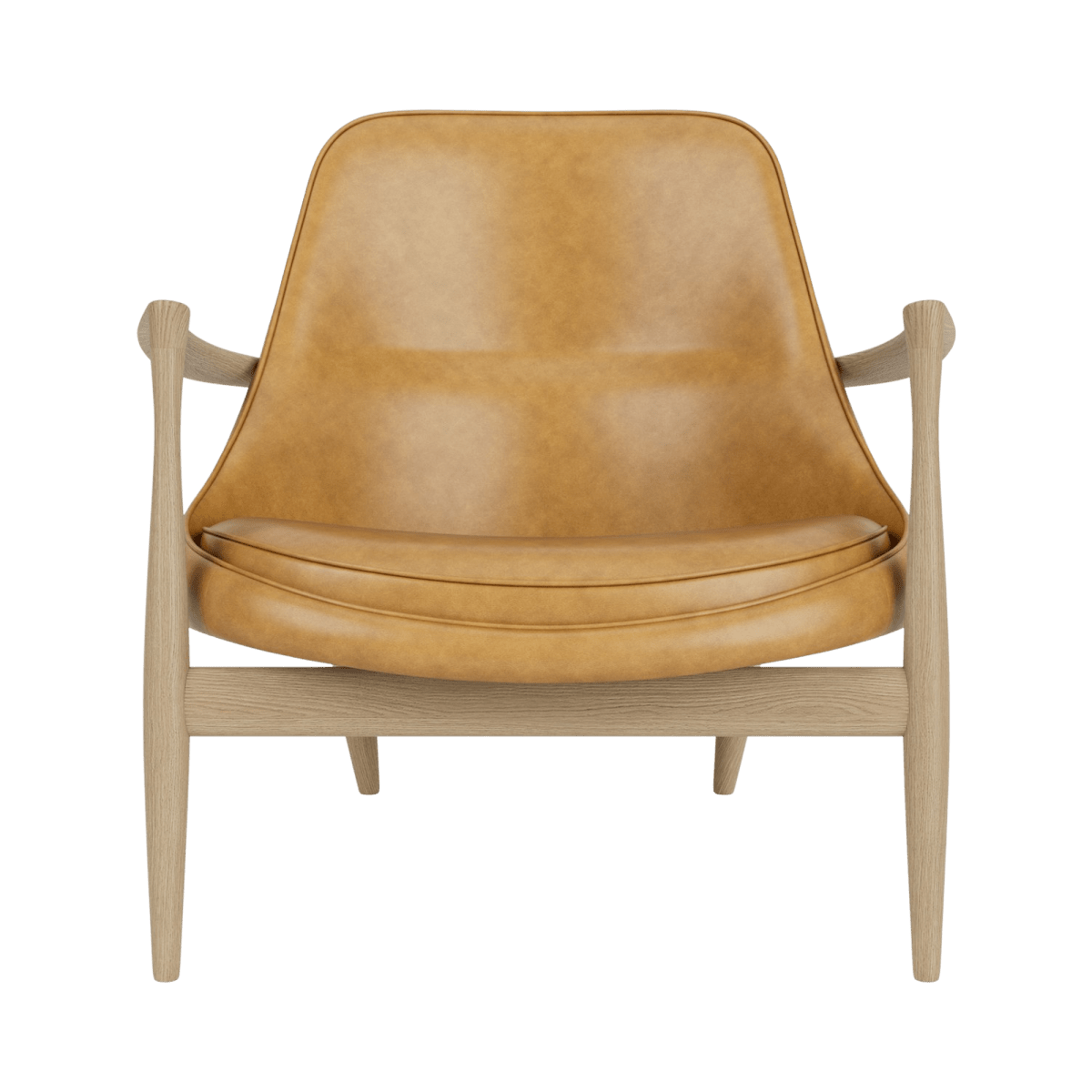 Front view of the Elizabeth Lounge Chair in natural oak with a leather seat and sculpted wooden armrests.