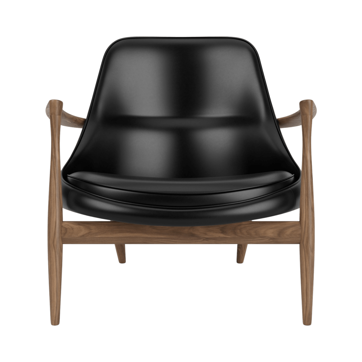 Front view of the Elizabeth Lounge Chair featuring sculpted wooden armrests and dark upholstery against a plain background.