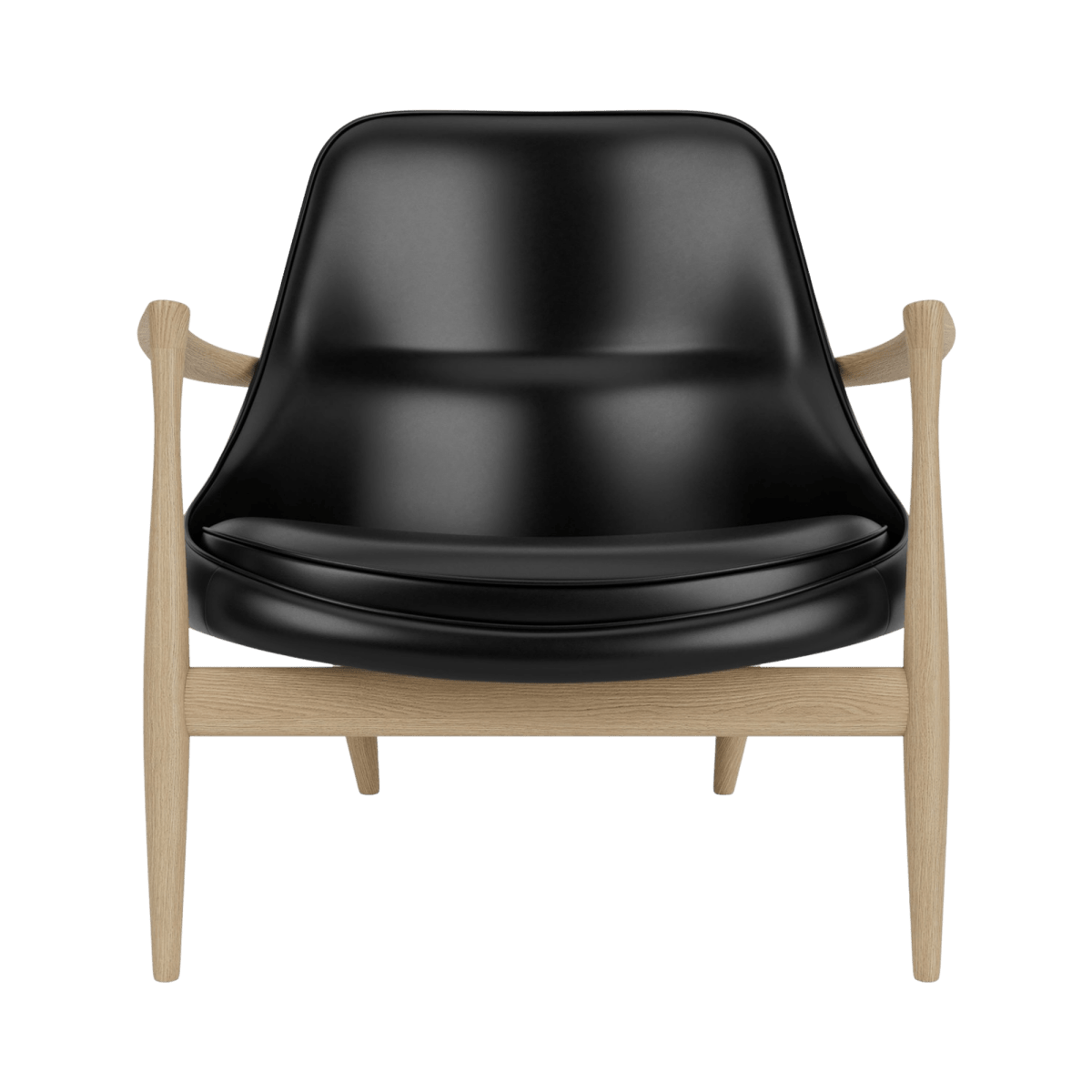 Front view of the Elizabeth Lounge Chair in light wood with dark leather upholstery and sculpted armrests.