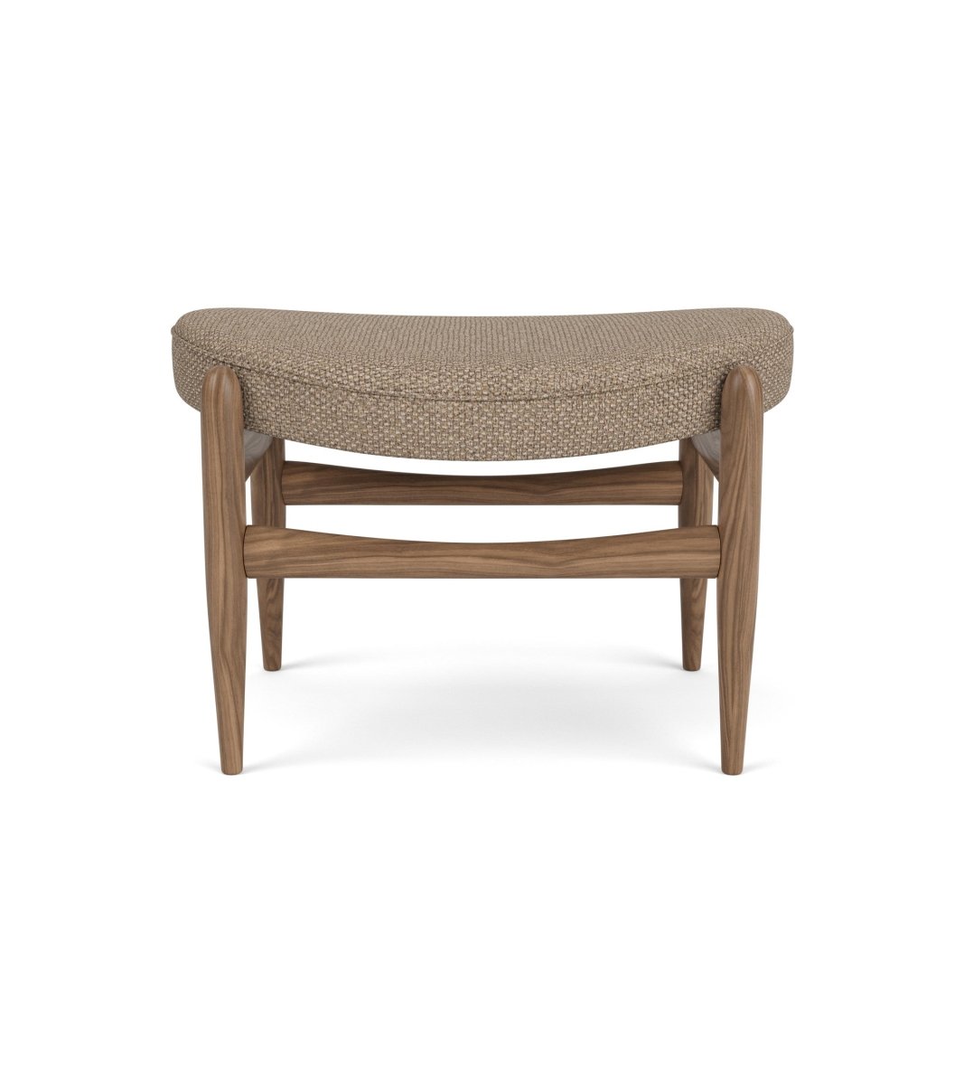Elizabeth Ottoman in walnut with Logan Flint textured upholstery, viewed from a slightly angled back perspective.