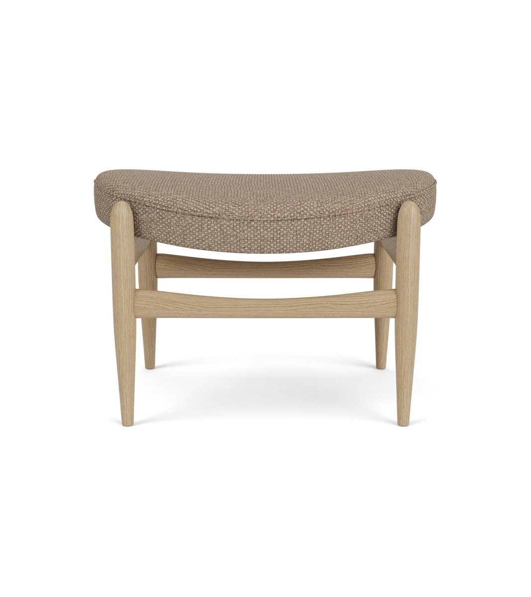 Front view of the Elizabeth Ottoman in natural oak with Logan Flint fabric upholstery.