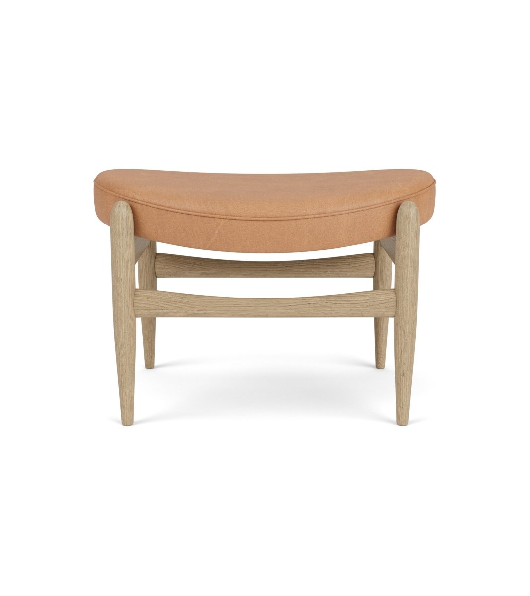 Front view of the Elizabeth Ottoman in natural oak with a camel leather upholstered curved seat.