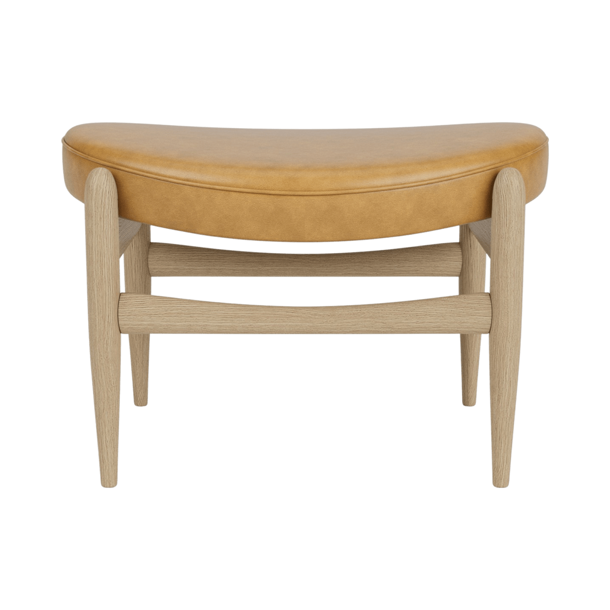 Front view of the Elizabeth Ottoman in natural oak with a curved cognac leather upholstered seat.