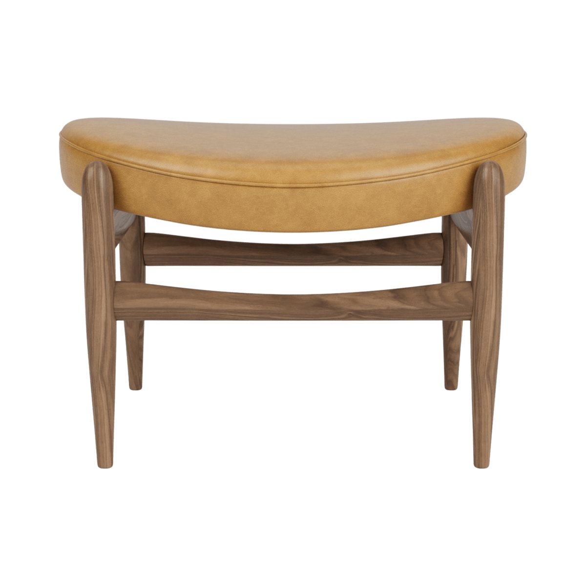 Elizabeth Ottoman in a wooden frame with brown leather upholstery, shown from the front against a white background.