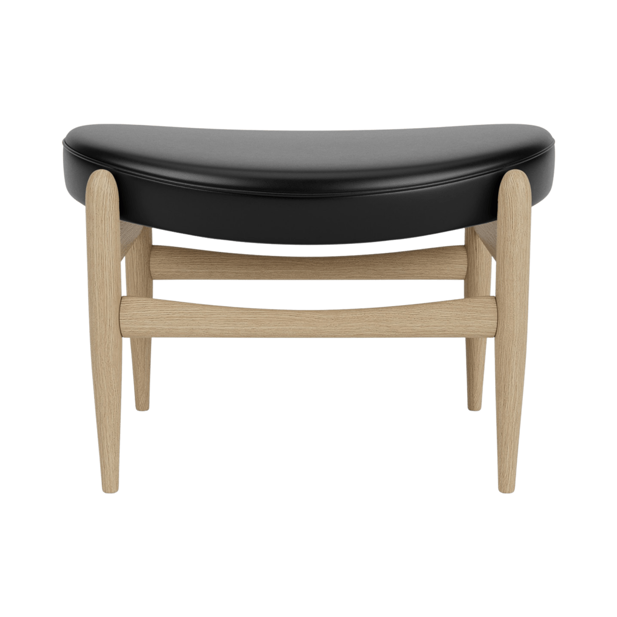 Front view of the Elizabeth Ottoman featuring a curved black upholstered cushion and tapered natural wooden legs.