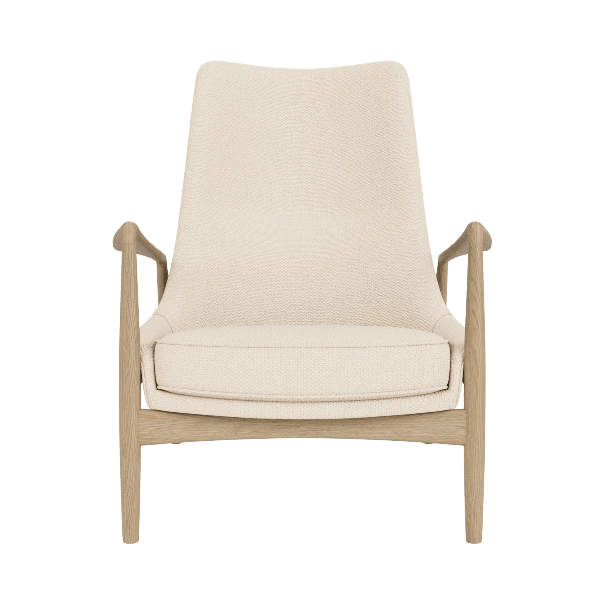 Front view of The Seal Lounge Chair, High Back in natural oak with Logan Jasmine upholstery.