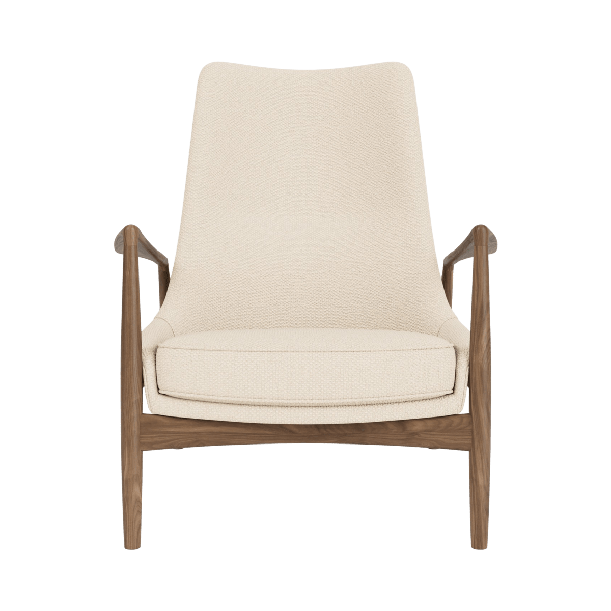 Front view of The Seal Lounge Chair, High Back in a walnut frame with light beige Logan Jasmine upholstery.