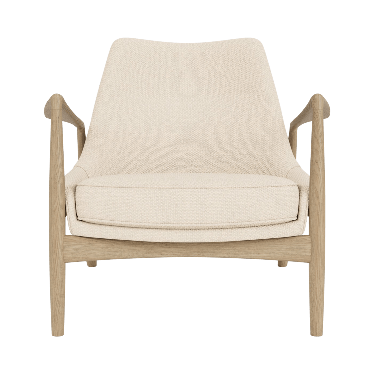 Front view of The Seal Lounge Chair, Low Back, upholstered in Logan Jasmine fabric with a natural oak frame.