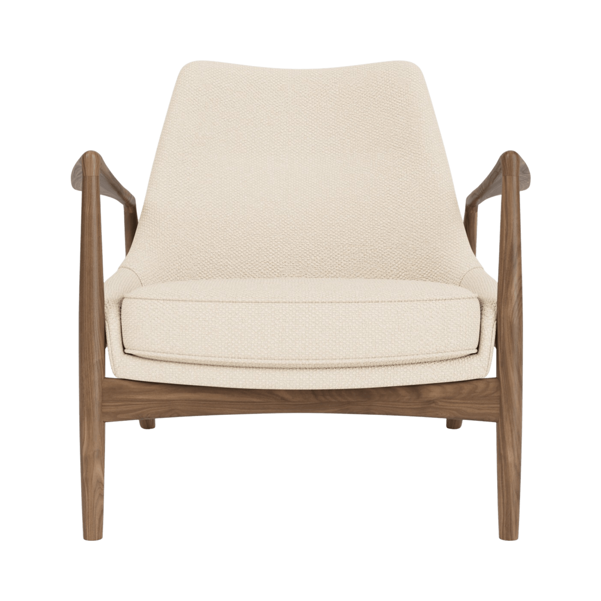 Front view of The Seal Lounge Chair, Low Back, upholstered in Logan Jasmine with an oiled walnut wood frame.