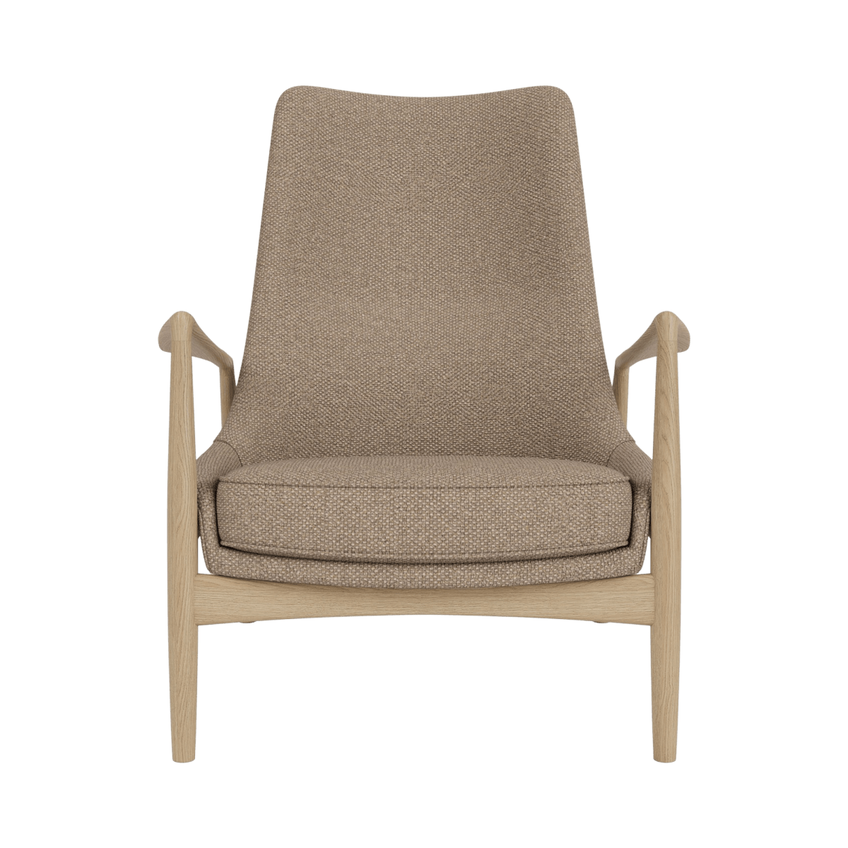 Front view of The Seal Lounge Chair, High Back in natural oak with Logan Flint upholstery against a white background.