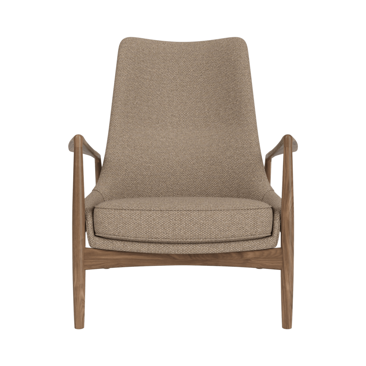 The Seal Lounge Chair, High Back in walnut and Logan Flint upholstery viewed from the front against a white background.