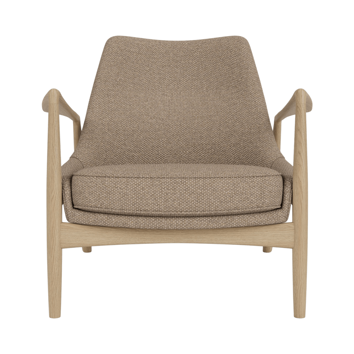 Front view of The Seal Lounge Chair, Low Back, featuring a natural oak frame and Logan Flint upholstery.