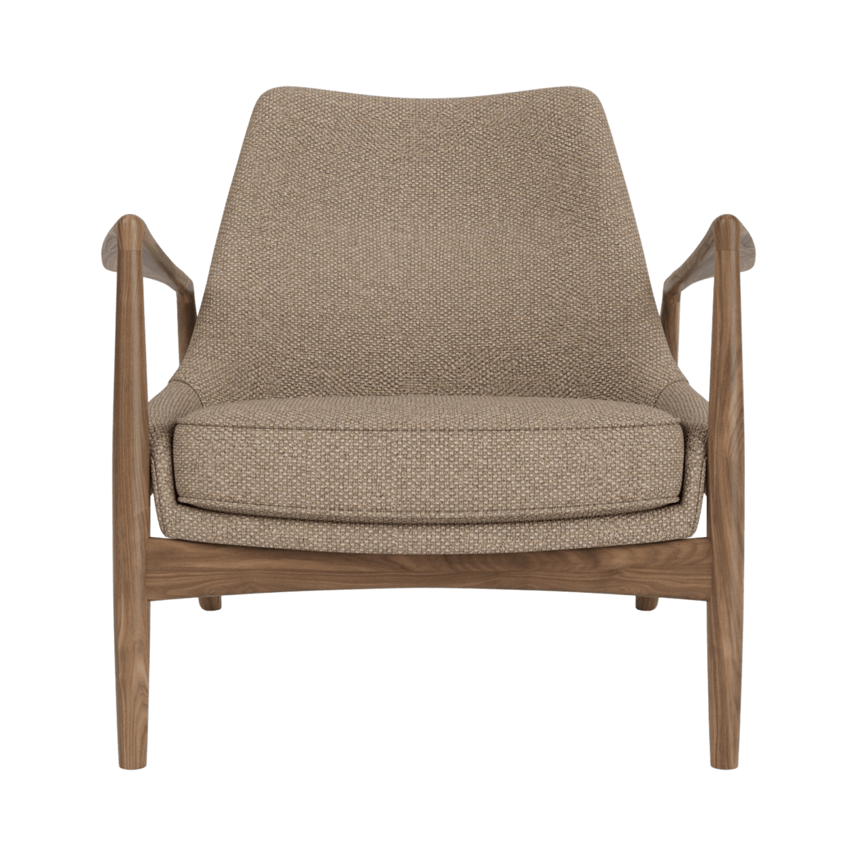 Front view of The Seal Lounge Chair, Low Back, upholstered in Logan Flint fabric with a walnut wood frame.
