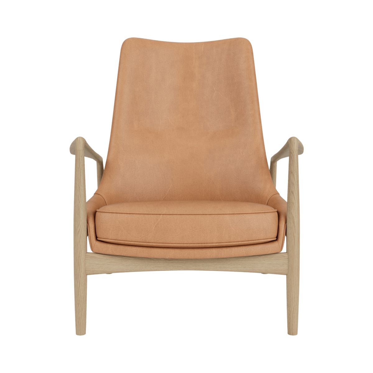 Front view of The Seal Lounge Chair, High Back in camel leather and natural oak.