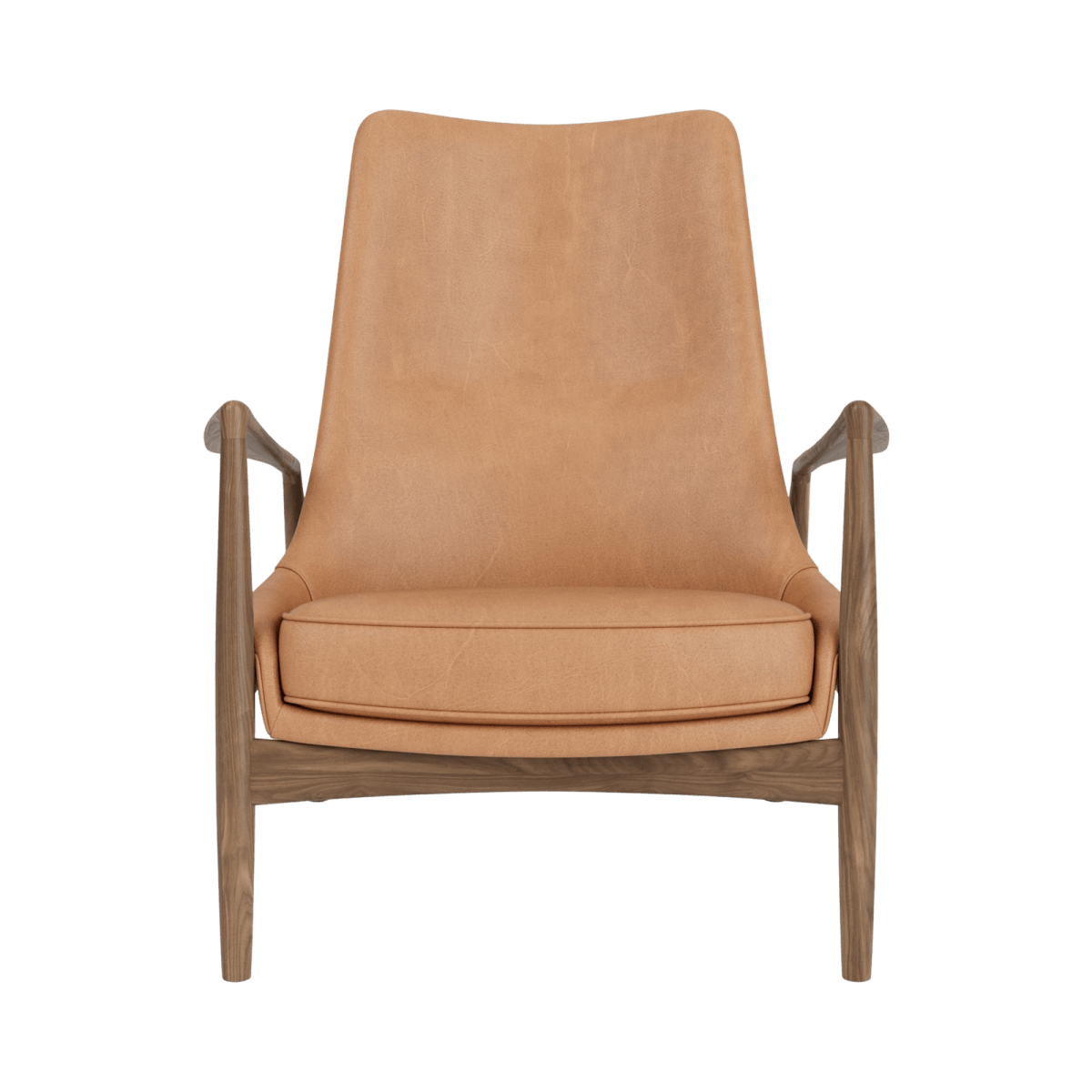 Front view of The Seal Lounge Chair, High Back, featuring a walnut frame and camel leather upholstery.