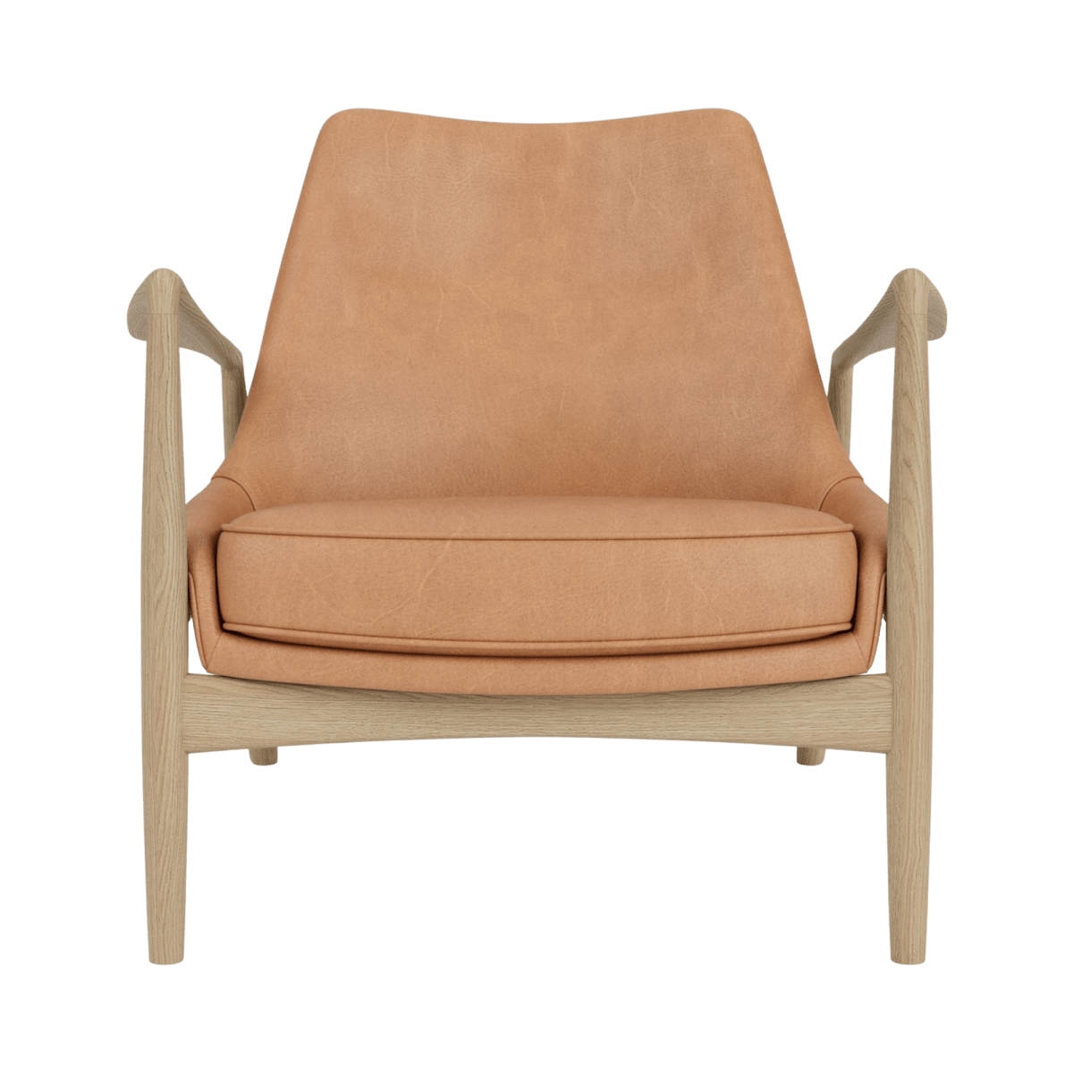 Front view of The Seal Lounge Chair, Low Back, upholstered in dunes camel leather with a natural oak wooden frame.