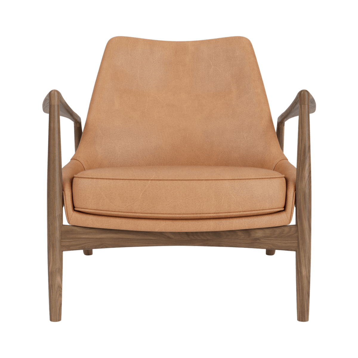 Front view of The Seal Lounge Chair, Low Back in walnut wood with camel leather upholstery, featuring an angled frame.