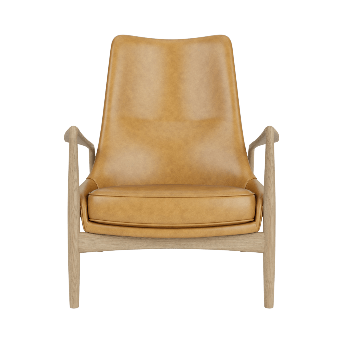 Front view of The Seal Lounge Chair, High Back in warm tan leather upholstery and a light oak frame.