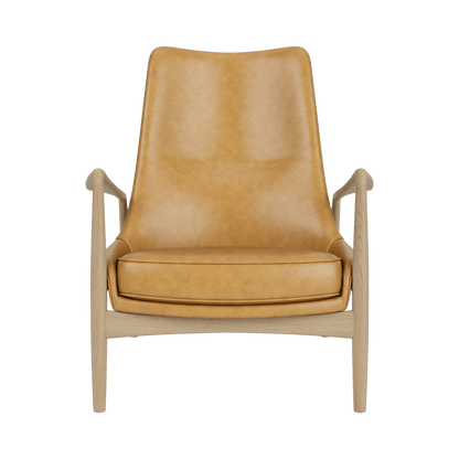 Front view of The Seal Lounge Chair, High Back in warm tan leather upholstery and a light oak frame.