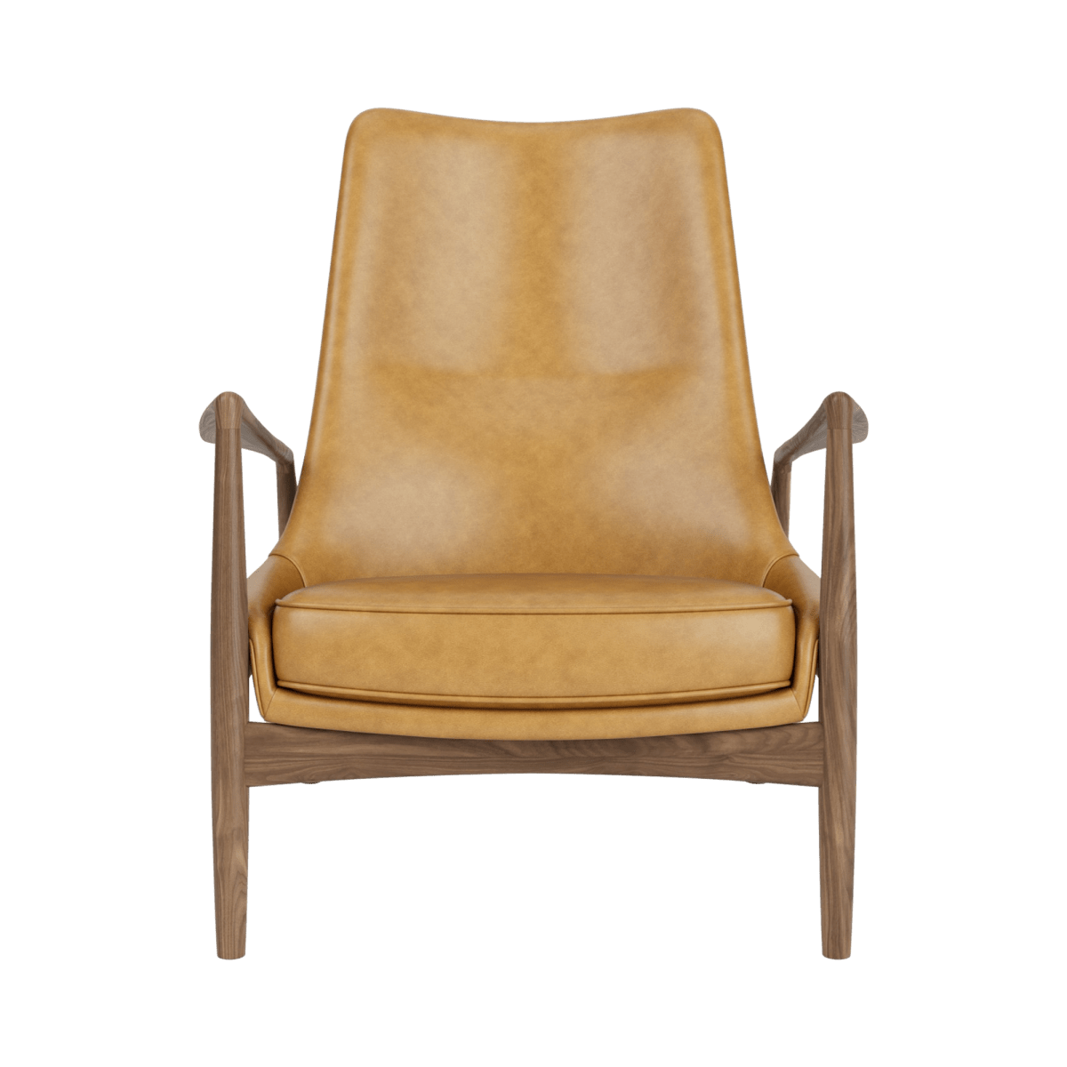 The Seal Lounge Chair, High Back with warm tan leather upholstery and a sculpted wooden frame shown from the front.